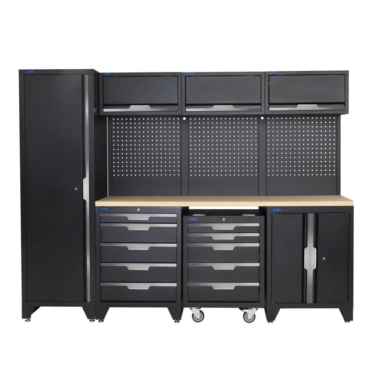 SGS 10pc Garage Storage System | 10 Drawers | Pressed Wood Worktop | Tall Single Cabinet | Floor Cabinet | Mobile Cabinet | 3x Upper Cabinets